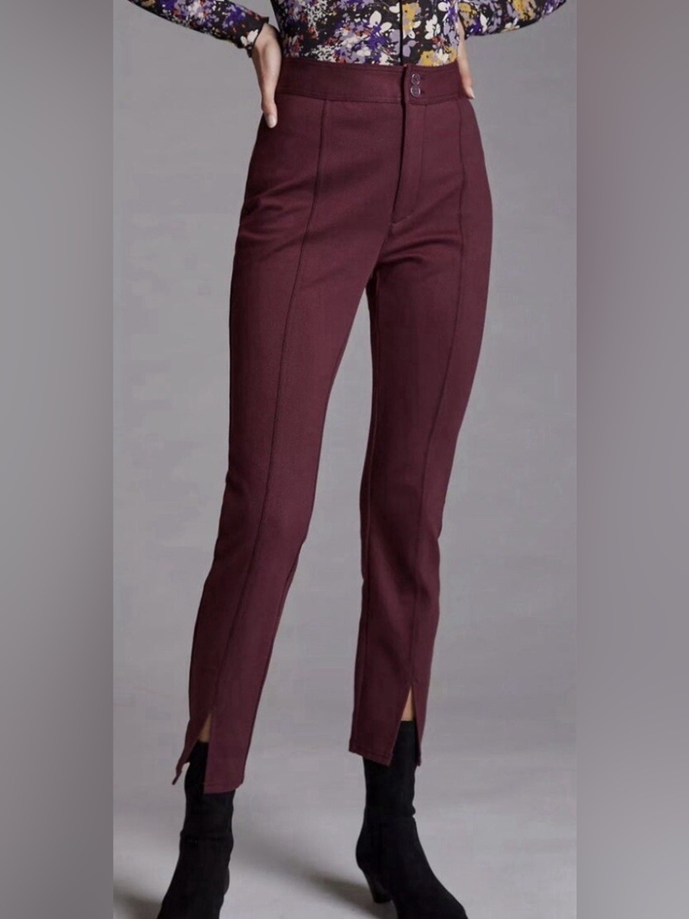 Anthropologie Burgundy High Rise Pintuck Ankle Slit Pants Womens Size 6 Stretchy